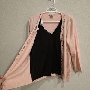 Requirements Pink Cardigan with Black Lace-Trim Cami